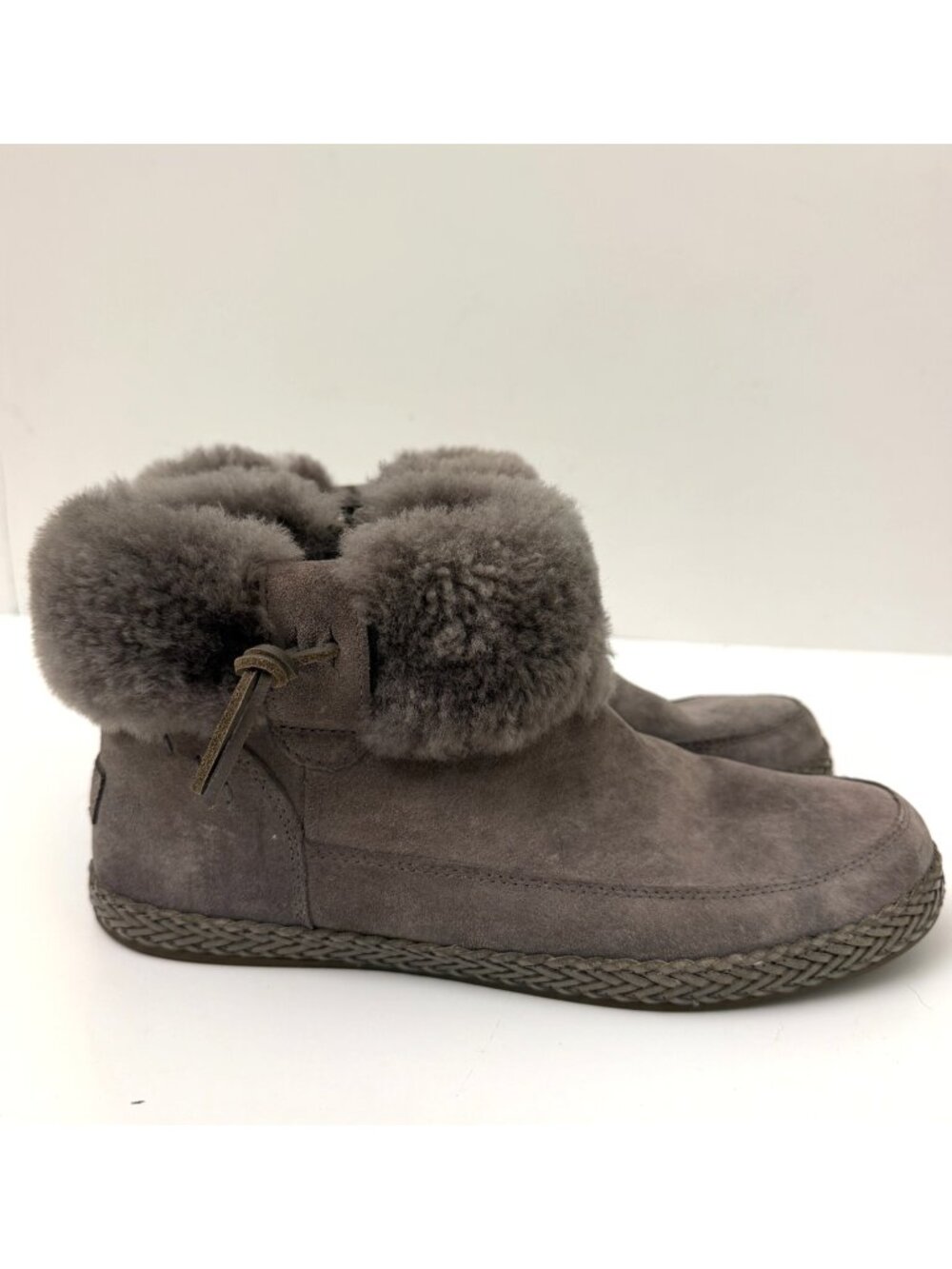 UGG Elowen Boot Grey Suede Shearling Fur Trim Ankle Side Zip Braided Midsole 11